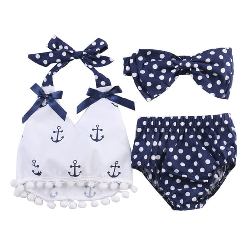 Summer Baby Girls Anchor Tops+Polka Dot Briefs Shorts 3pcs Outfits Set Beachwear
